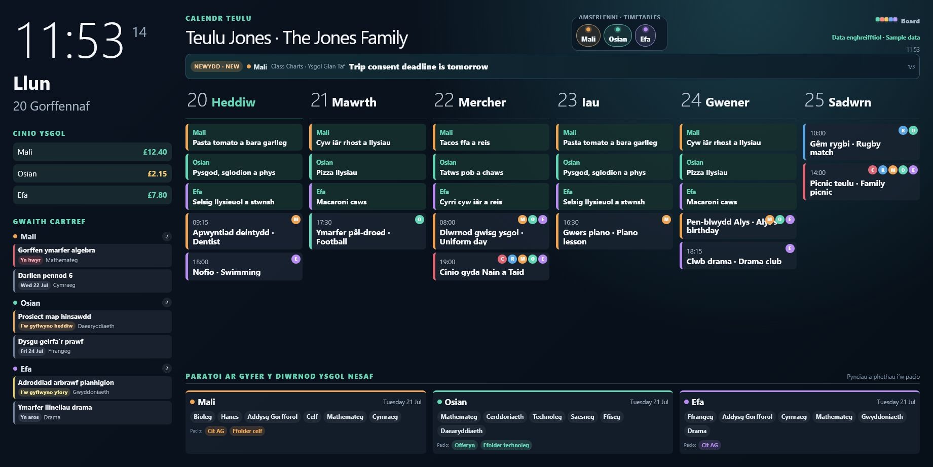 Arrival Board showing a bilingual family calendar, school meals, homework, events and lessons